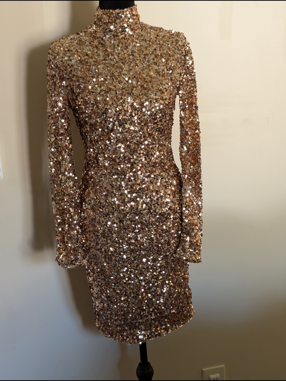 NWT Nookie Sequin High Neck Backless Mini Dress - Champagne Rose Gold Size S